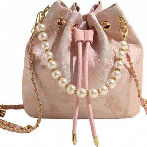 Women Bucket Bag Small Pearl Drawstring Hobo Purse Crossbody Shoulder